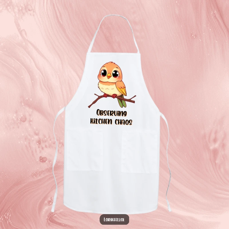 Funny Curious Bird Apron: A lively bird with curious eyes perches on a branch, ready to help in the kitchen with funny style.