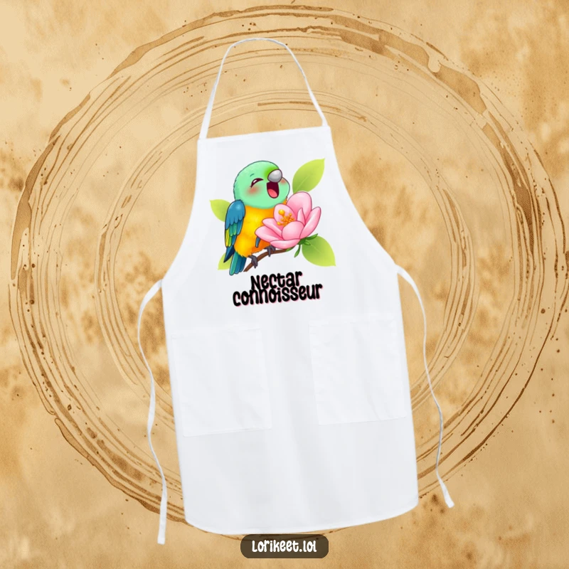 Funny Apron showcasing a lorikeet joyfully sipping nectar from a comically large blossom, perfect for humorous cooking.