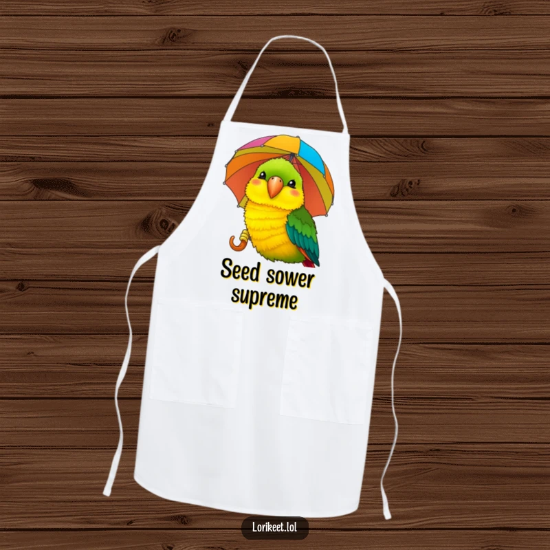 Funny Lorikeet Apron: A smiling lorikeet pecks a striped umbrella, bringing humorous and practical kitchen protection.