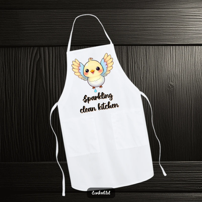 Funny Iridescent Bird Apron: A happy, iridescent bird with spread wings catches a dewdrop, ready to add funny flair to cooking.