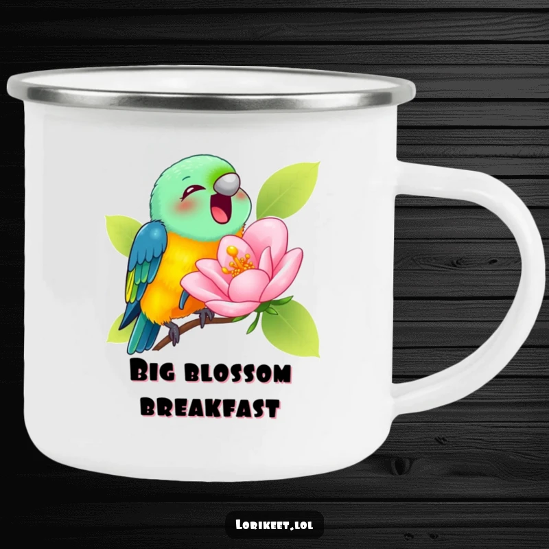 Funny Camping Mug with a lorikeet joyfully sipping nectar from a comically large blossom, perfect for humorous outdoor enjoyment.