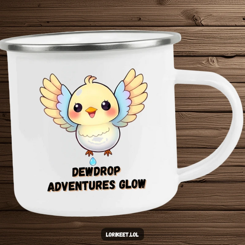 Funny Iridescent Bird Camping Mug: A happy, iridescent bird with spread wings catches a dewdrop, durable for adventures and funny.
