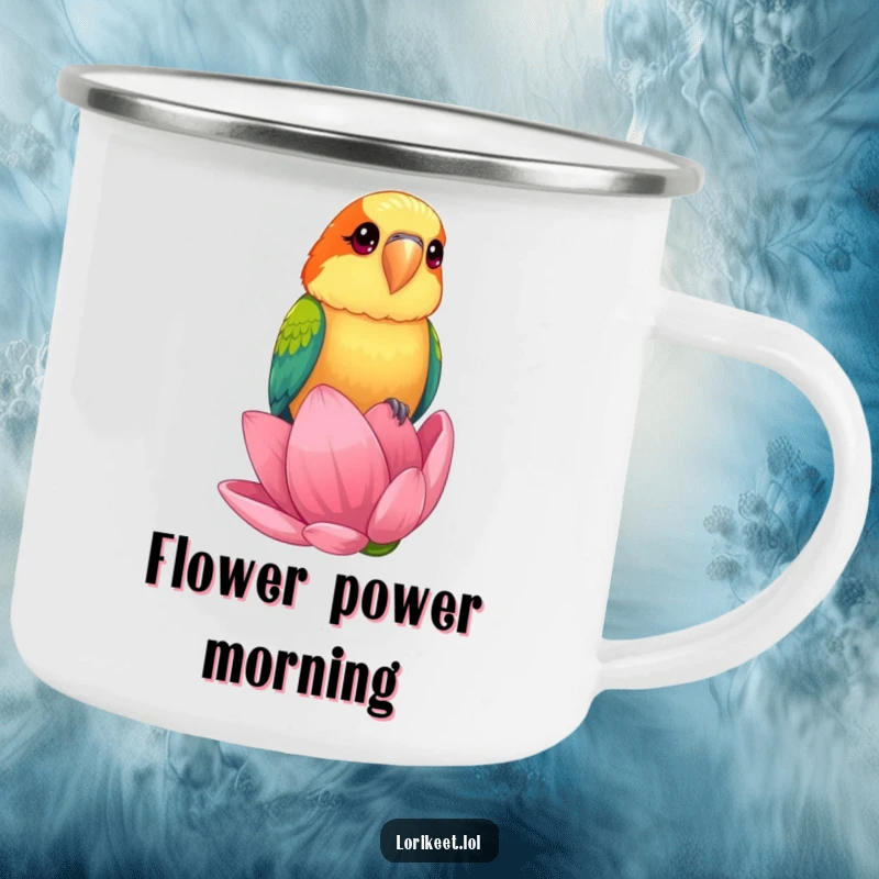 Funny Camping Mug displaying a lorikeet with bright, curious eyes perched on a giant flower bud, perfect for humorous outdoor enjoyment.