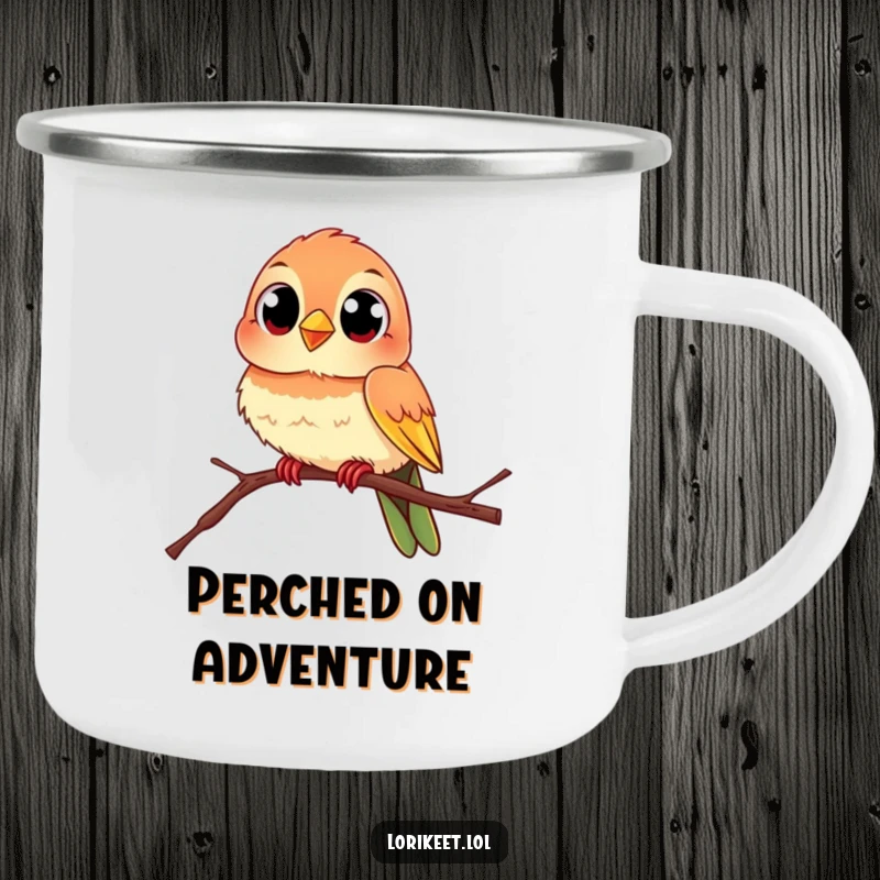 Funny Curious Bird Camping Mug: A lively bird with curious eyes perches on a branch, built for adventure and funny moments.