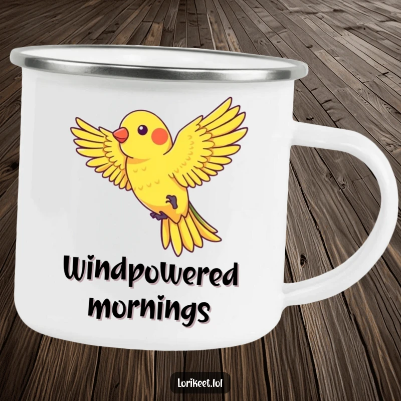 Funny Camping Mug with a lorikeet with outstretched wings playfully riding a gentle gust of wind, perfect for humorous outdoor enjoyment.