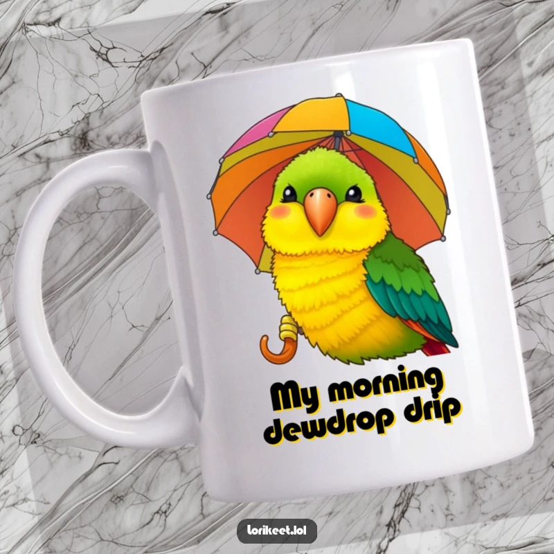 Funny Lorikeet Mug: A cheerful lorikeet with a big smile pecks playfully at a colorful striped umbrella, bringing vibrant humor.