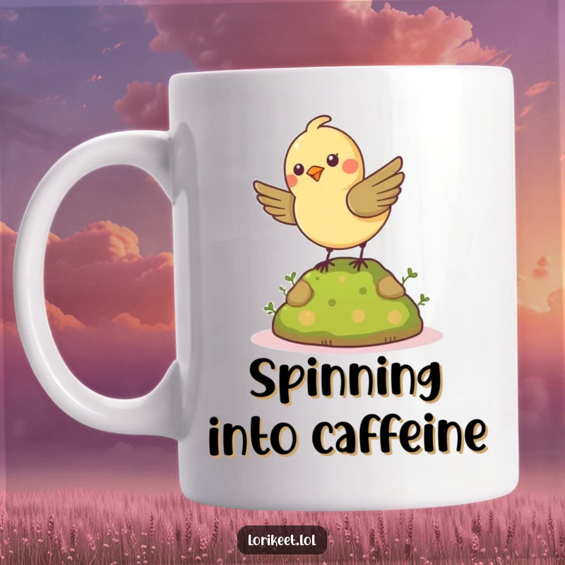 Funny Spinning Bird Mug: A cheerful, petite bird energetically spins on a mossy mound, full of playful motion.