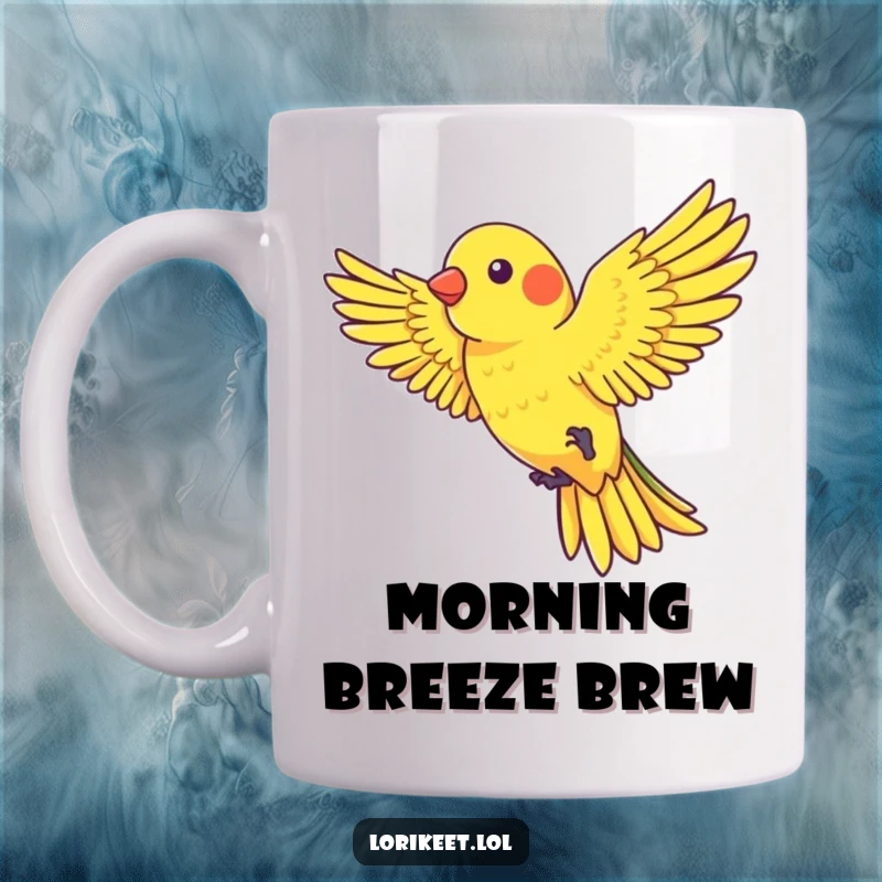 Funny Mug showing a lorikeet with outstretched wings playfully riding a gentle gust of wind, embodying humorous freedom.