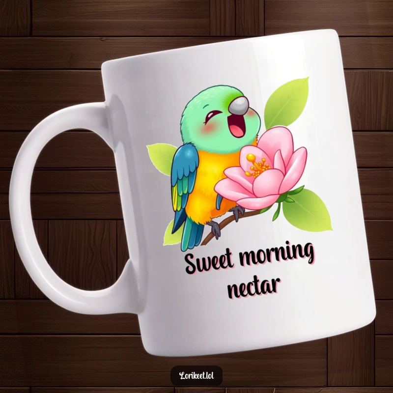 Funny Mug with a lorikeet joyfully sipping nectar from a comically large blossom, embodying humorous delight.