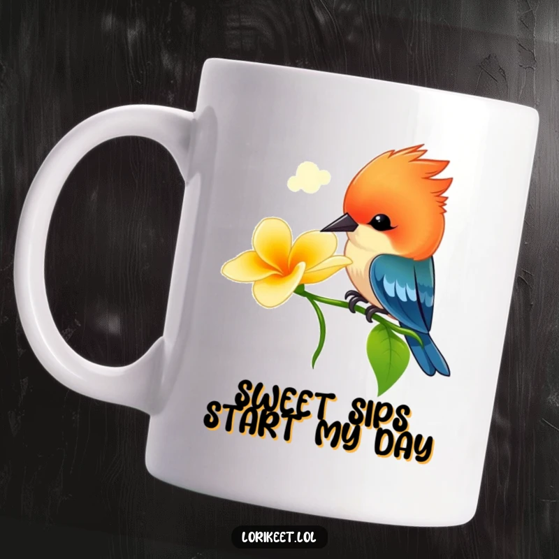 Funny Crested Bird Mug: A vibrant bird with a bright crest playfully sips nectar from a flower, full of life and joy.
