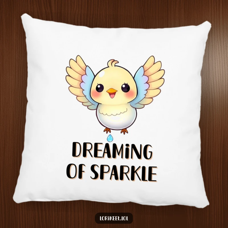 Funny Happy Bird Pillow: An iridescent bird with spread wings catches a dewdrop, a soft and funny accent.