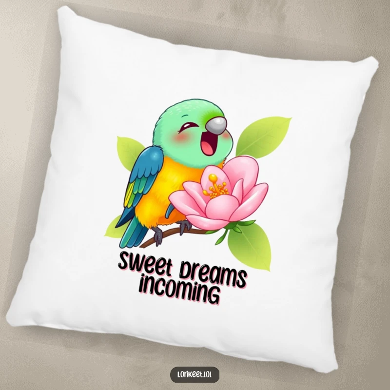 Funny Pillow with a lorikeet joyfully sipping nectar from a comically large blossom, offering cozy and humorous appeal.