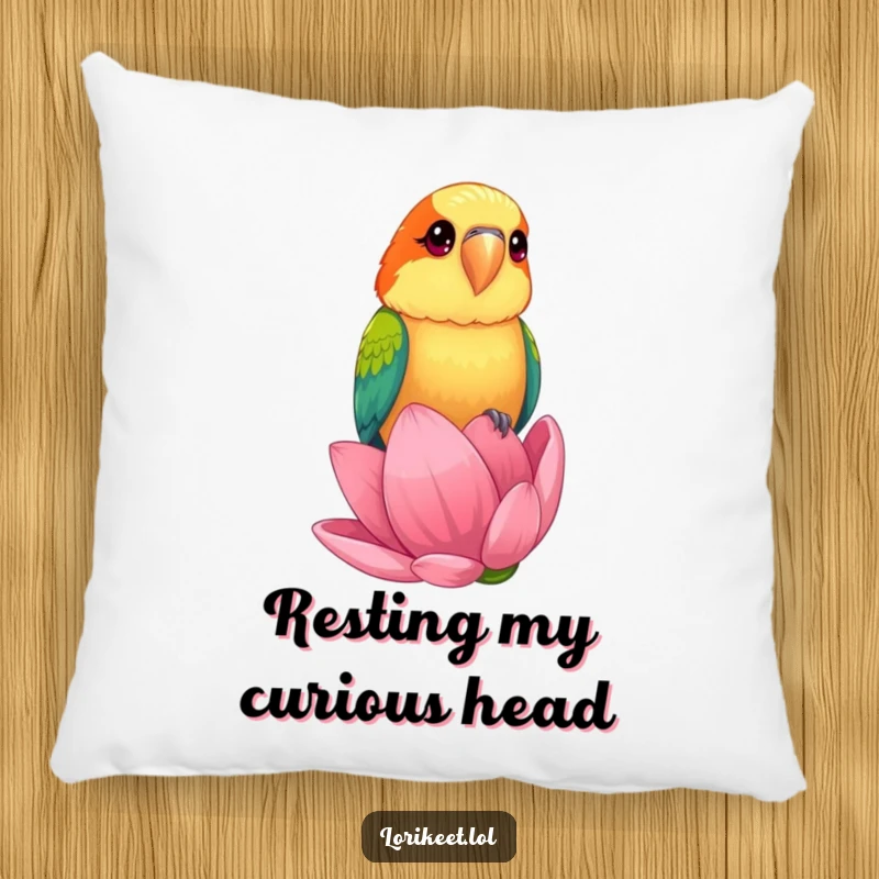 Funny Pillow with a lorikeet bird with bright, curious eyes perched on a giant flower bud, offering cozy and humorous appeal.