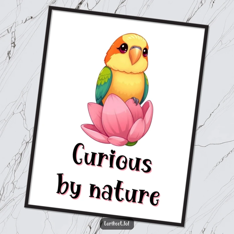 Funny Digital Art Print of a lorikeet with bright, curious eyes perched on a giant flower bud, perfect for humorous and vibrant decor.