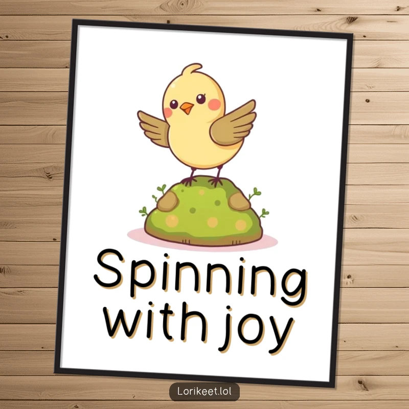 Funny Cheerful Bird Digital Art: A petite bird spins energetically on a mossy mound, creating dynamic and funny digital art.
