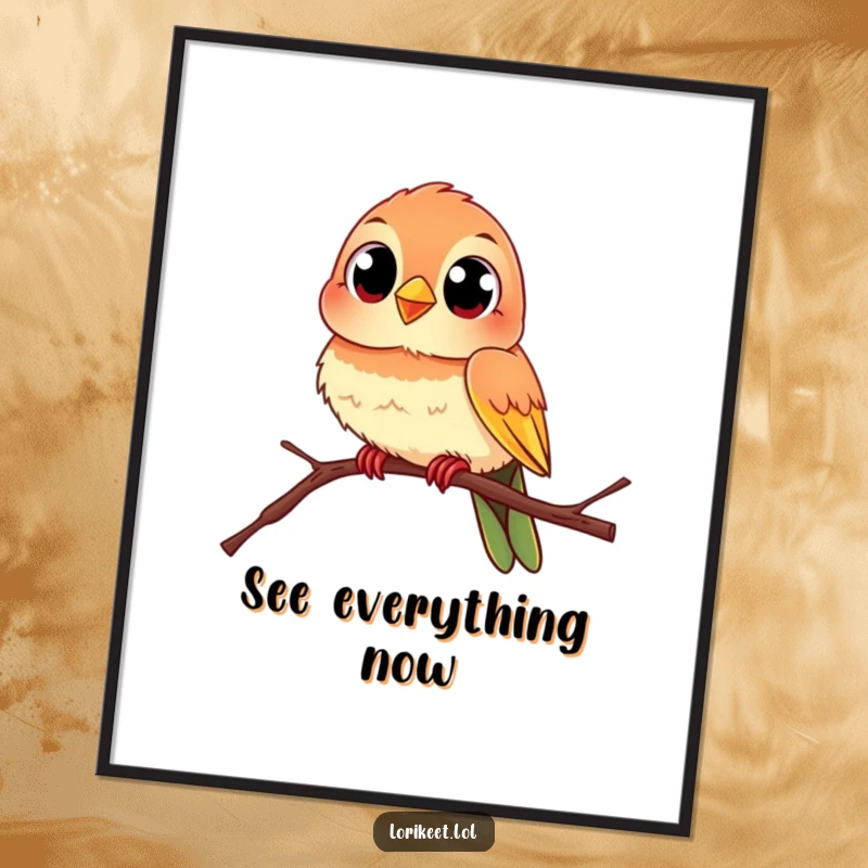 Funny Curious Bird Digital Art: A lively bird with large, curious eyes perches on a branch, creating humorous digital art.