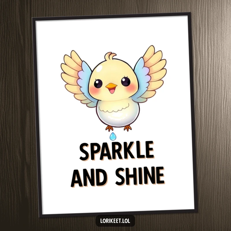 Funny Iridescent Bird Digital Art: A happy, iridescent bird with spread wings catches a dewdrop, creating shimmering and funny digital art.