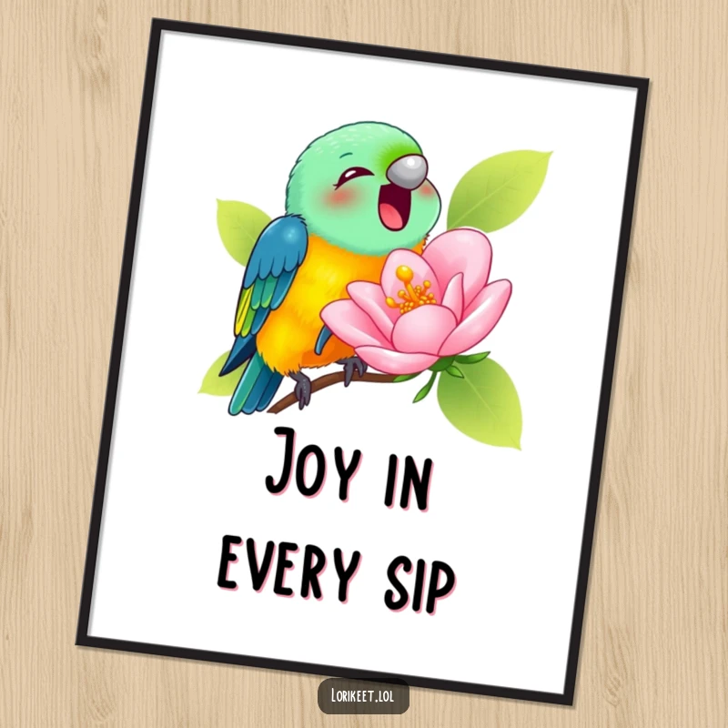 Funny Digital Art Print of a lorikeet joyfully sipping nectar from a comically large blossom, perfect for humorous and sweet decor.