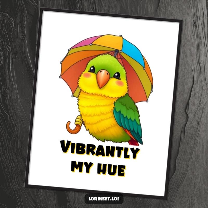 Funny Lorikeet Digital Art Print: A smiling lorikeet pecks a colorful umbrella, a humorous and vibrant instant download.