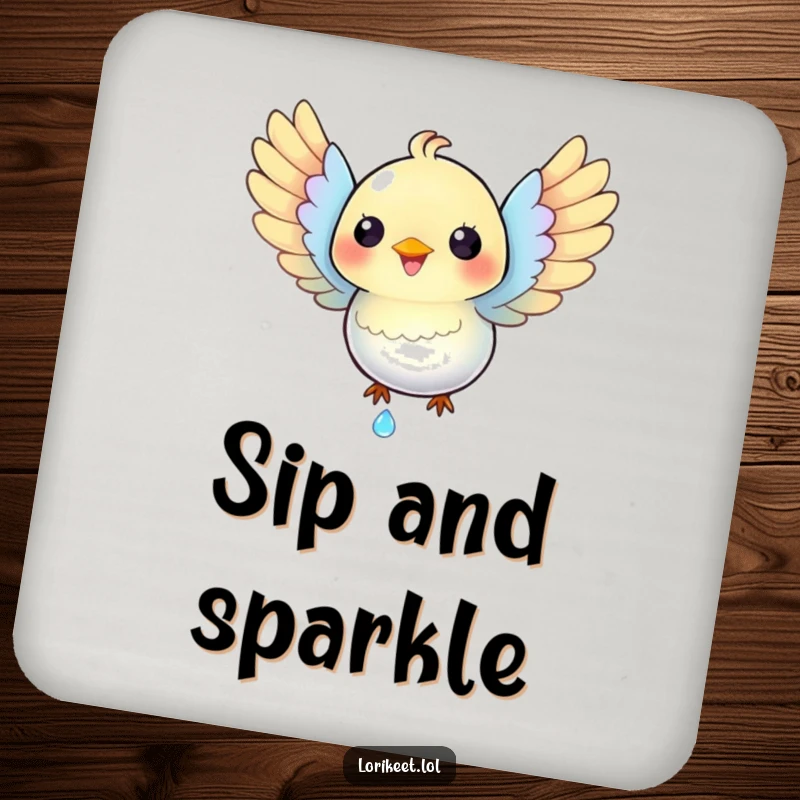 Funny Happy Bird Coaster: An iridescent bird with spread wings catches a dewdrop, offering funny surface protection with sparkle.
