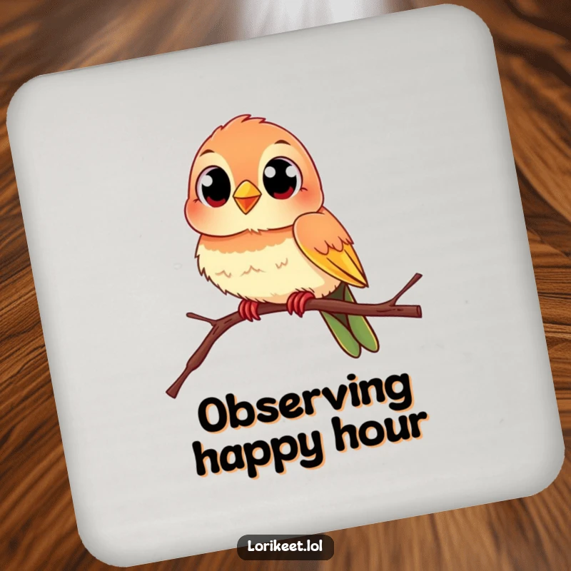 Funny Lively Bird Coaster: A colorful bird with curious eyes perches on a branch, offering funny protection.