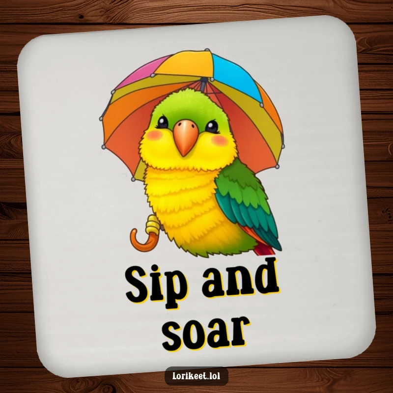 Funny Lorikeet Coaster Set: Smiling lorikeet pecks umbrella, offering humorous surface protection for drinks.