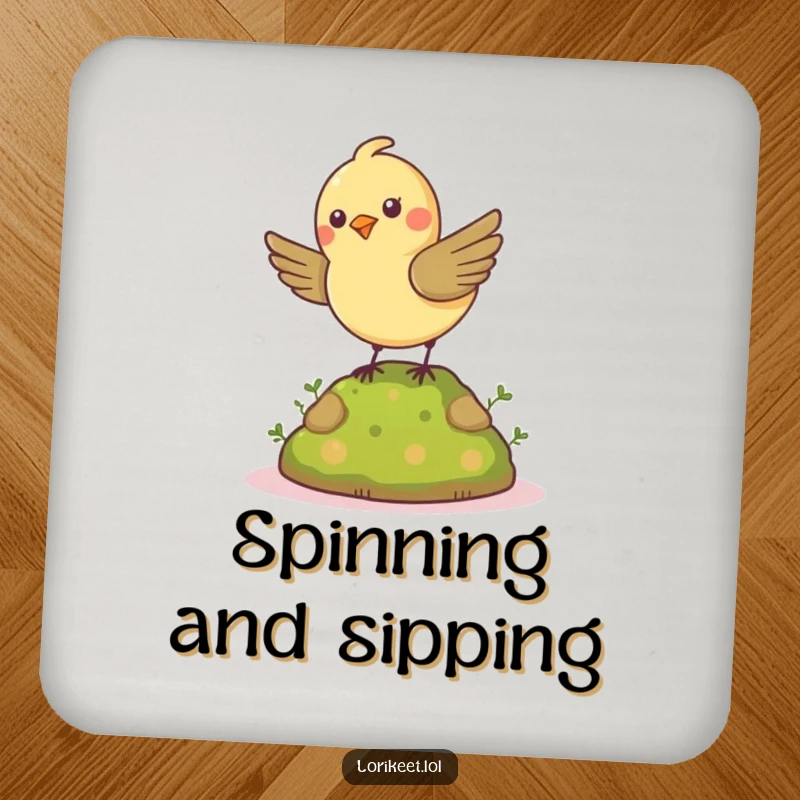 Funny Spinning Bird Coaster: A cheerful, petite bird spins energetically on a mossy mound, offering funny surface protection.