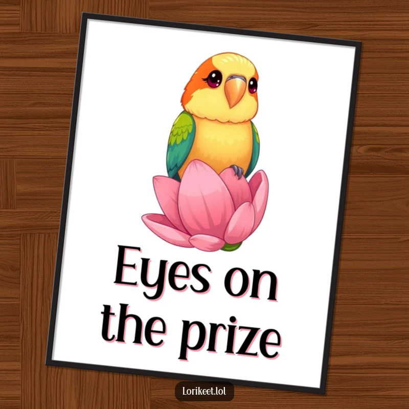 Funny Poster featuring a lorikeet with bright, curious eyes perched on a giant flower bud, creating cheerful, humorous decor.