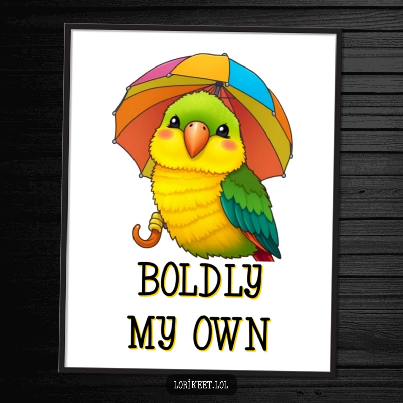 Funny Lorikeet Poster: A smiling lorikeet pecks a vibrant umbrella, showcasing hilarious bird antics in colorful wall art.