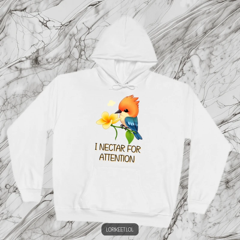 Funny Crested Bird Hoodie: A small vibrant bird with a bright crest enjoys a flower's nectar, a warm and funny wearable art piece.