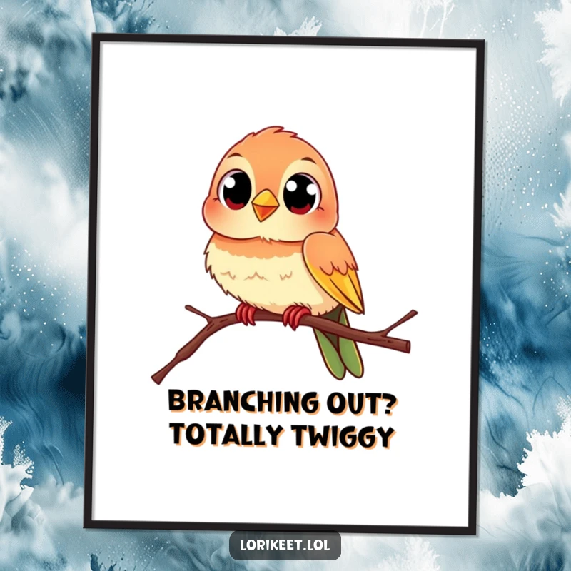 Funny Free Printable Wall Art: Lively bird with large, curious eyes perches on a swaying branch, adding humor.