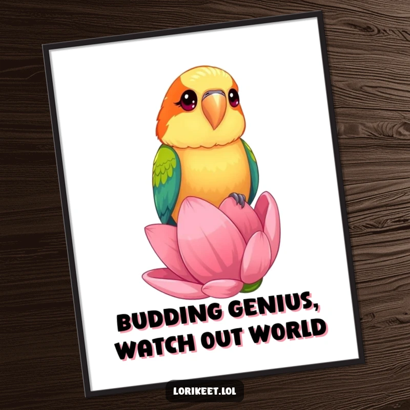 Funny Free Printable Wall Art featuring a lorikeet with bright, curious eyes perched on a comically large flower bud, adding charm.