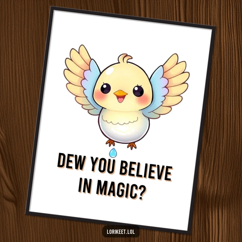 Funny Free Printable Wall Art: Happy iridescent bird with spread wings catches a tiny sparkling dewdrop, humorously.