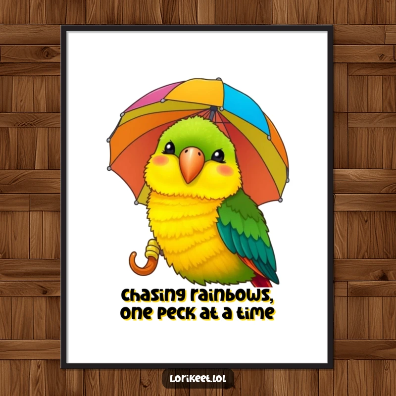 Funny Free Printable Wall Art: A smiling lorikeet cheerfully pecking a colorful striped umbrella, bringing joy.