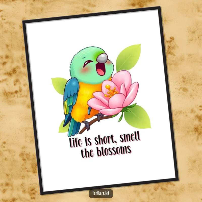 Funny Free Printable Wall Art of a lorikeet joyfully sipping nectar from a comically large blossom, adding a whimsical garden feel.