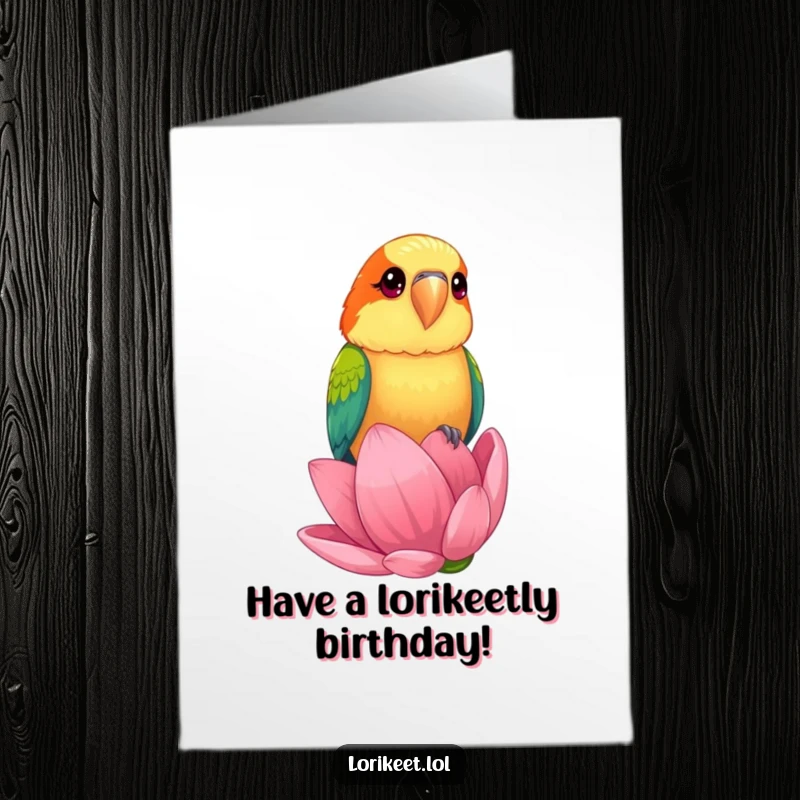 Funny Free Printable Birthday Card featuring a cute lorikeet with bright, curious eyes perched on a comically large flower bud.