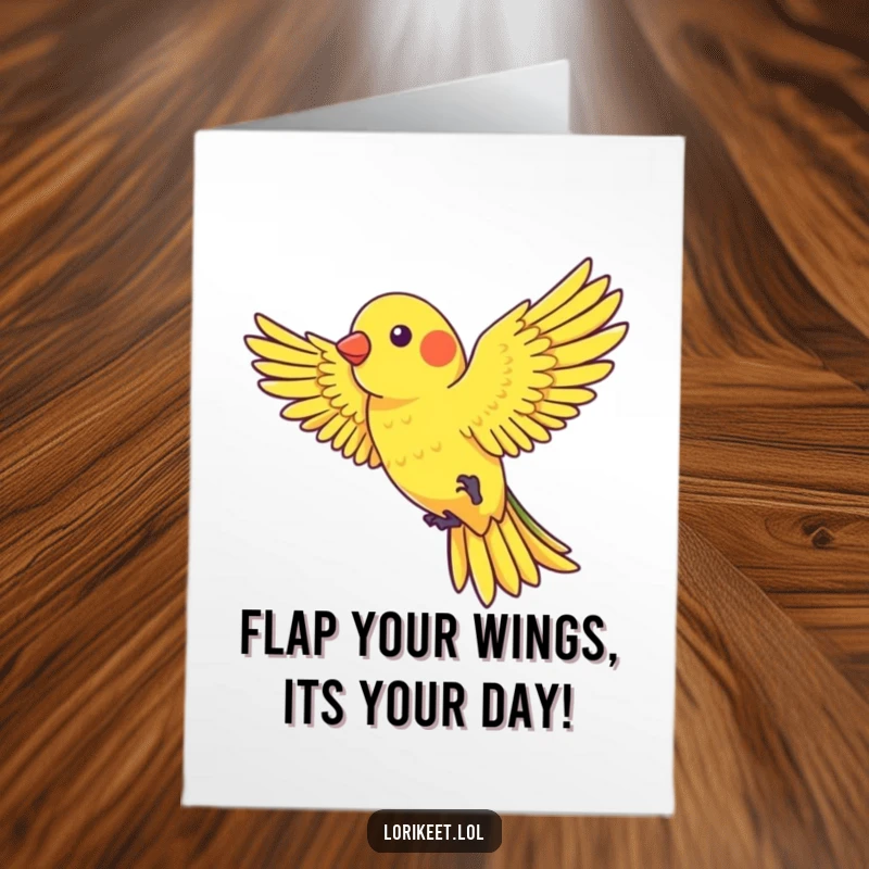 Funny Free Printable Birthday Card showing a lorikeet with outstretched wings playfully riding a gentle gust of wind, symbolizing freedom and joy.