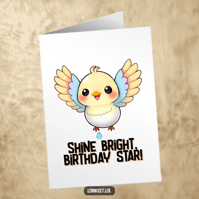 Funny Free Printable Birthday Card: Happy iridescent bird with spread wings catches a sparkling dewdrop, joyfully celebrating.