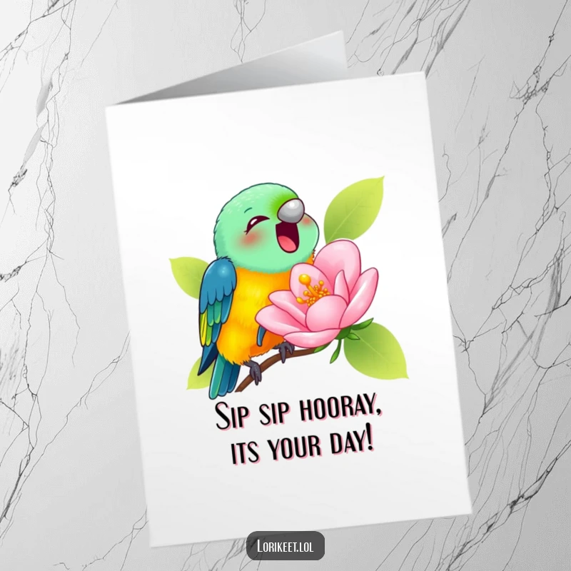 Funny Free Printable Birthday Card featuring a lorikeet joyfully sipping nectar from a comically oversized blossom, celebrating sweetness.