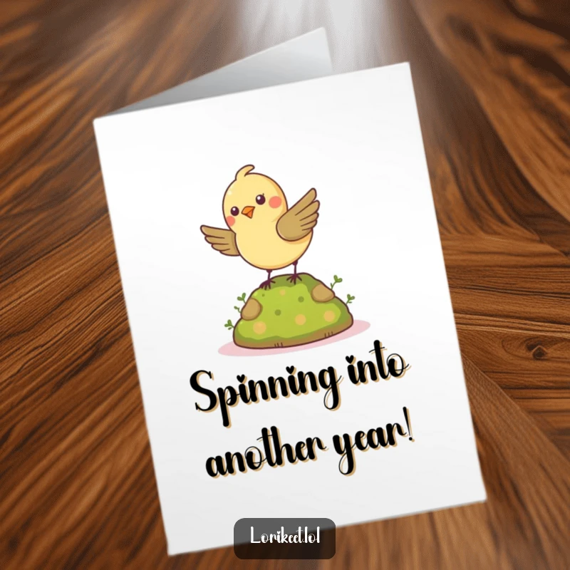 Funny Free Printable Birthday Card: Cheerful petite bird spins energetically on a mossy mound, celebrating joyfully.
