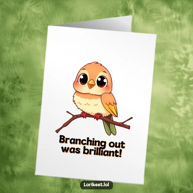 Funny Free Printable Congratulations Card: Colorful bird with curious eyes on a branch, celebrating success humorously.