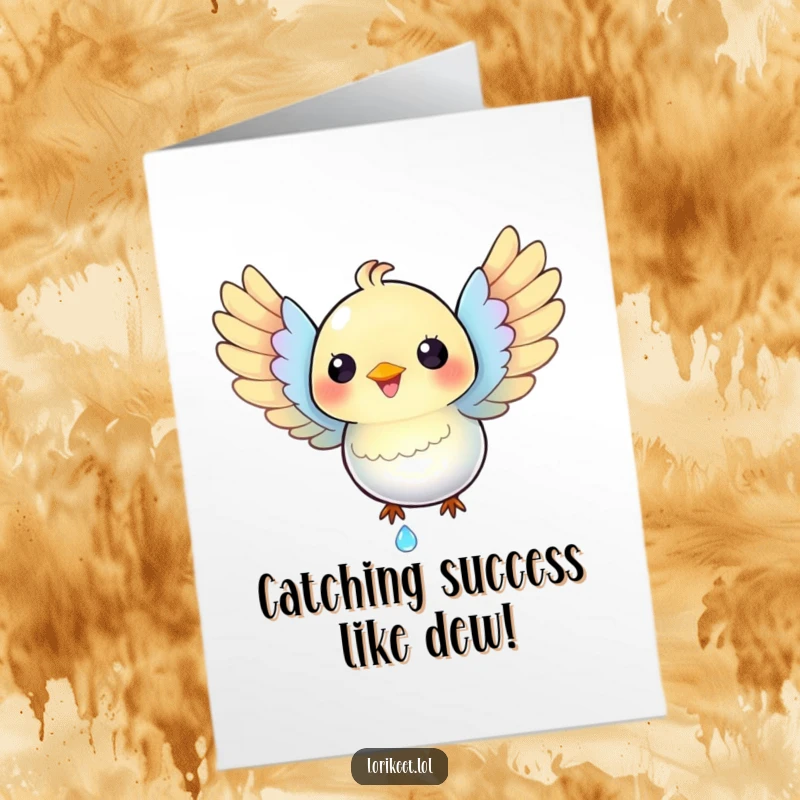 Funny Free Printable Congratulations Card: Iridescent bird with spread wings catches a dewdrop, celebrating success humorously.