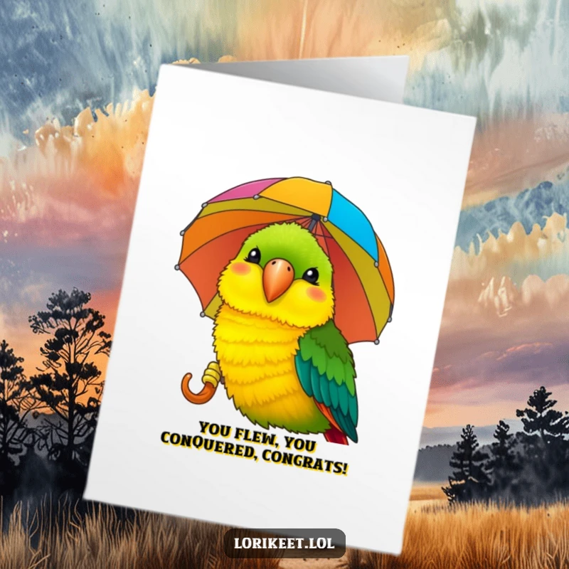 Funny Free Printable Congrats Card: A happy lorikeet pecking a colorful striped umbrella in celebration.