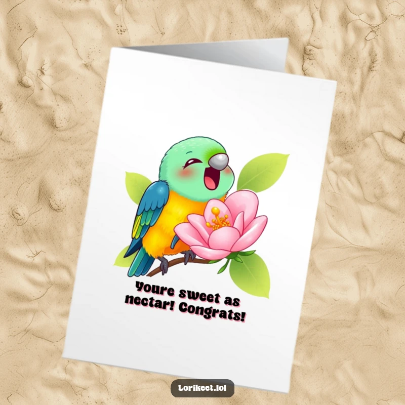 Funny Free Printable Congratulations Card of a lorikeet joyfully sipping from a comically large blossom, representing sweet achievements.