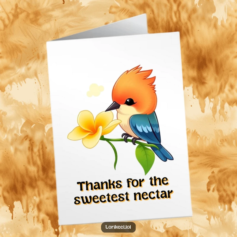 Funny Free Printable Thank You Card: Vibrant bird sips nectar, humorously expressing appreciation.