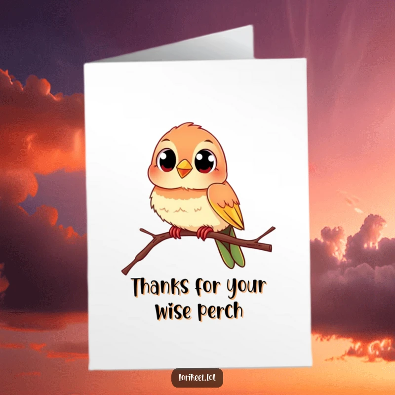 Funny Free Printable Thank You Card: Lively bird with curious eyes on a branch, humorously conveying thanks.