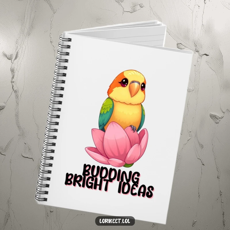 Funny Notebook with a lorikeet bird with bright, curious eyes perched on a giant flower bud, perfect for humorous journaling.