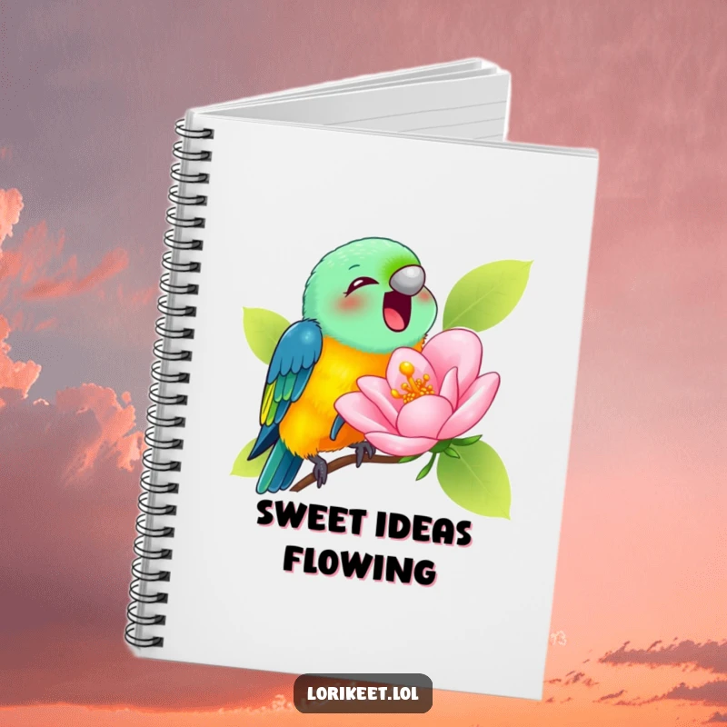 Funny Notebook with a lorikeet joyfully sipping nectar from a comically large blossom, perfect for humorous journaling.