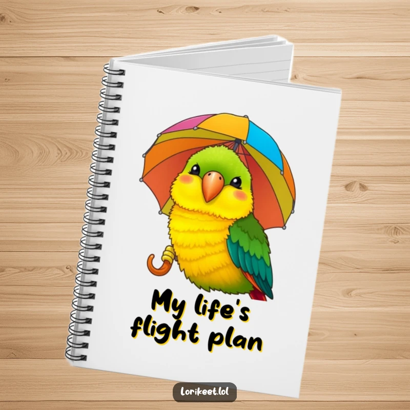 Funny Lorikeet Notebook: A smiling lorikeet pecks a colorful umbrella, ideal for capturing humorous thoughts and notes.
