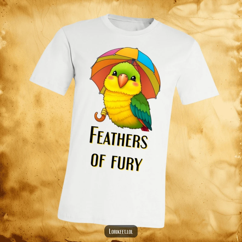 Funny Lorikeet T-Shirt: A vibrant lorikeet with a wide grin pecks at a bright, striped umbrella, embodying playful bird humor.
